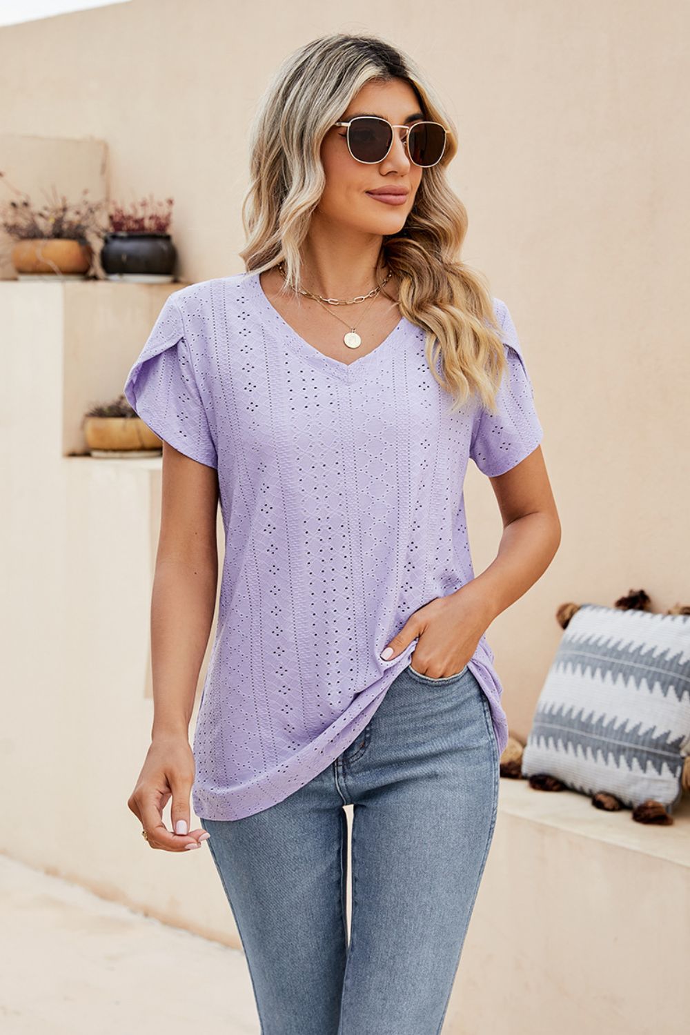 Honeybee Mumford's Eyelet Petal Sleeve V-Neck Knit Top