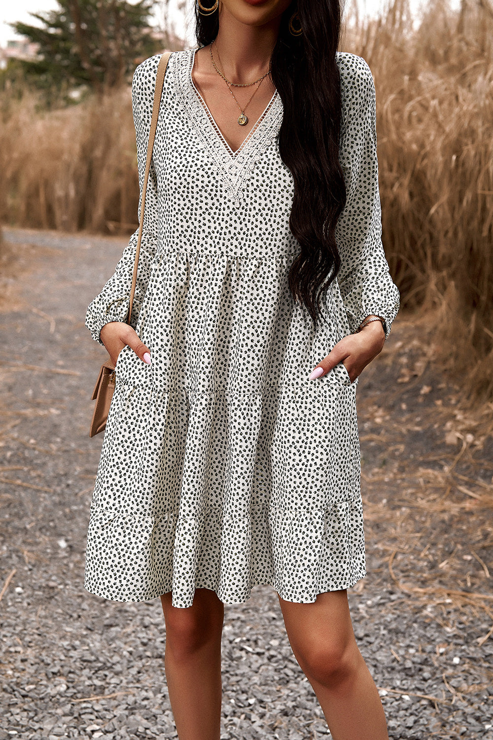 Honeybee Mumford's Lace Trim V-Neck Long Sleeve Dress