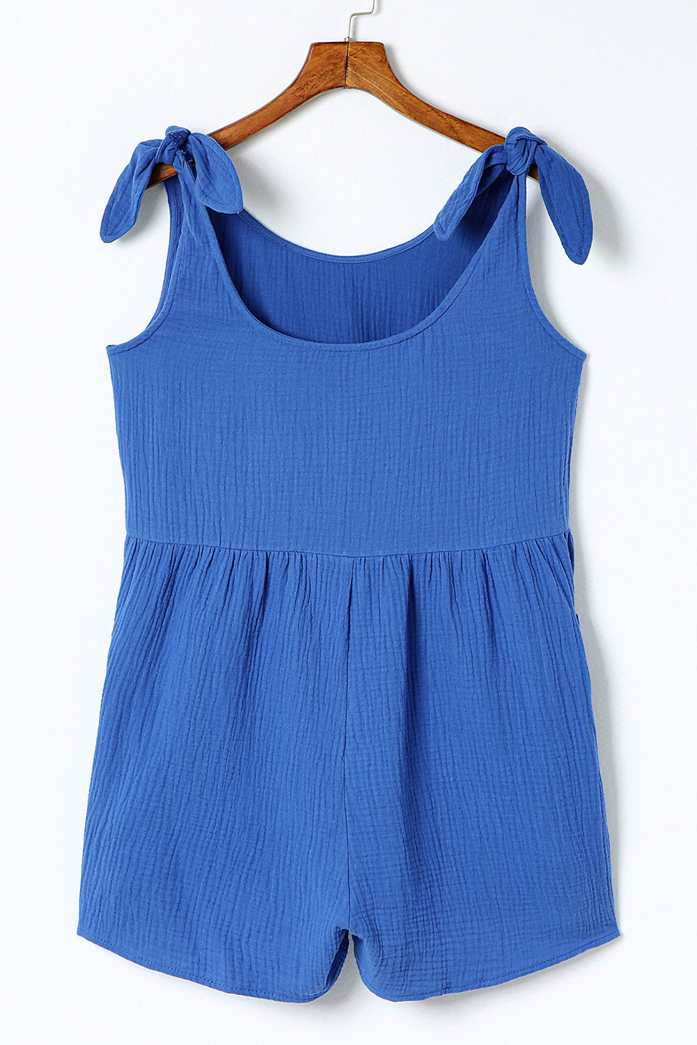 Honeybee Mumford's Blue Textured Knotted Straps High Waist Wide Leg Romper