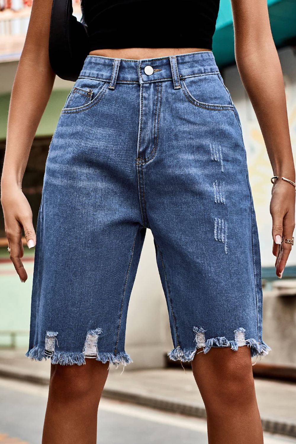 Honeybee Mumford's Raw Hem High Waist Denim Shorts with Pockets