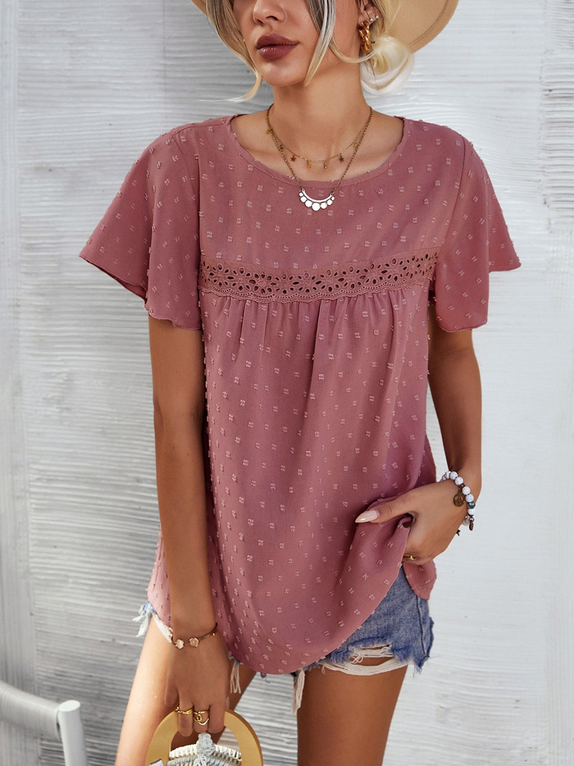 Honeybee Mumford's Lace Detail Round Neck Short Sleeve Blouse