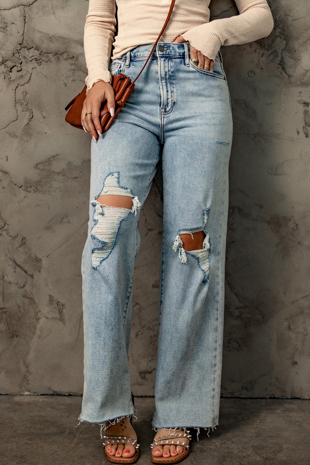 Honeybee Mumford's Sky Blue Distressed Frayed Hem Holed Straight Leg Loose Jeans