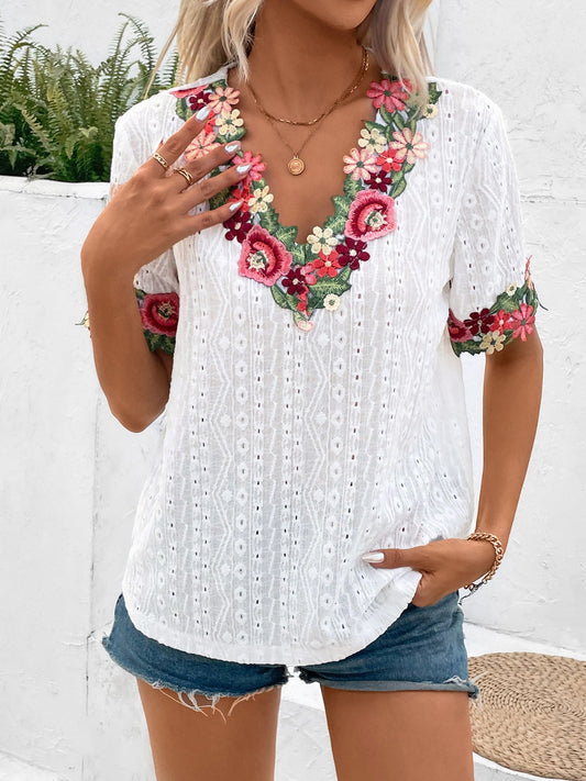 Honeybee Mumford's Eyelet Embroidered V-Neck Short Sleeve Blouse