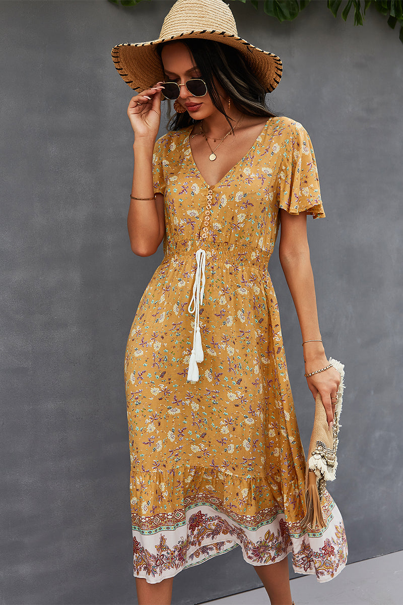 Honeybee Mumford's Casual Bohemian V-Neck Flutter Sleeve Dress