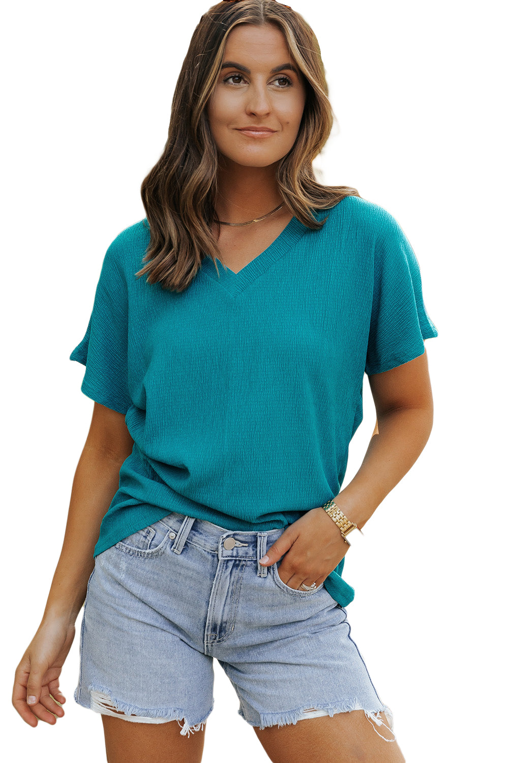 Honeybee Mumford's Blue Sapphire Crinkled V Neck Wide Sleeve T-shirt