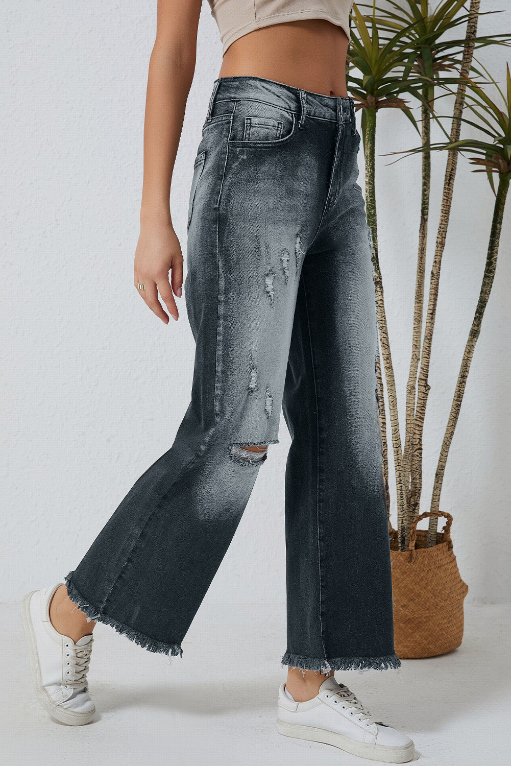 Honeybee Mumford's Gray Vintage Distressed Wide Leg Jeans