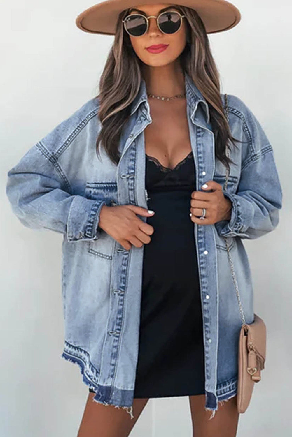 Honeybee Mumford's Sky Blue Flap Pocket Buttoned Oversized Denim Jacket