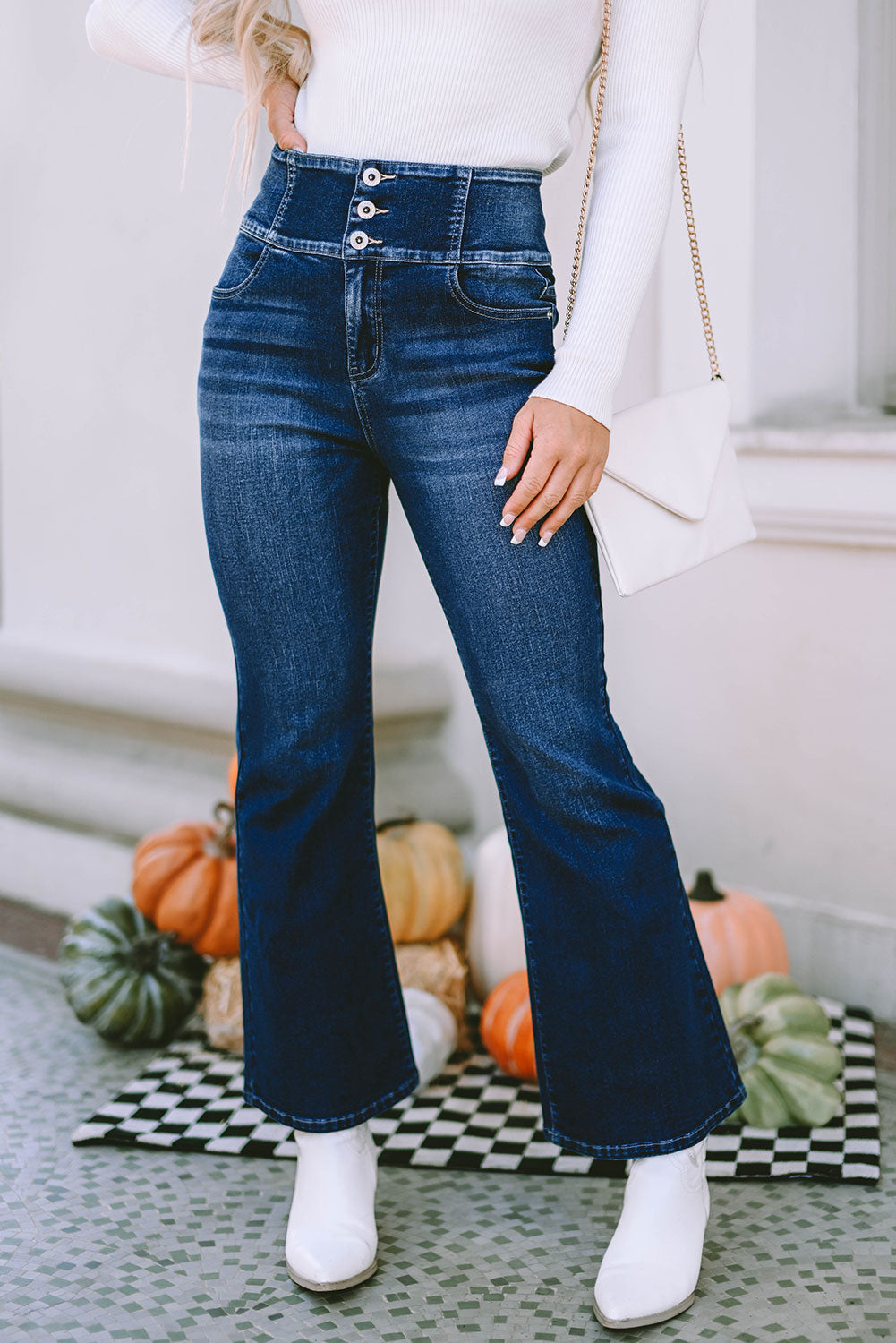 Honeybee Mumford's Blue Buttons Elastic Wide Waistband Back Flare Jeans