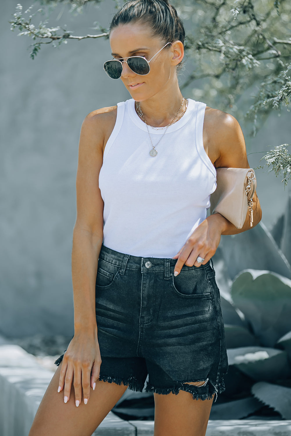 Honeybee Mumford's Black High Waist Frayed Denim Shorts