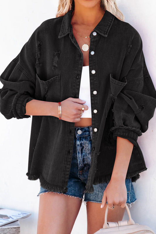 Honeybee Mumford's Black Distressed Fringe Trim Denim Jacket