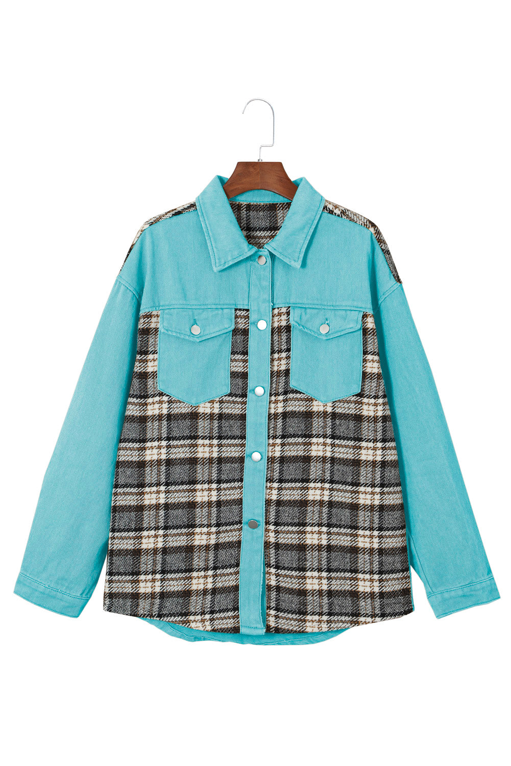 Honeybee Mumford's Sky Blue Plaid Patchwork Pockets Denim Jacket