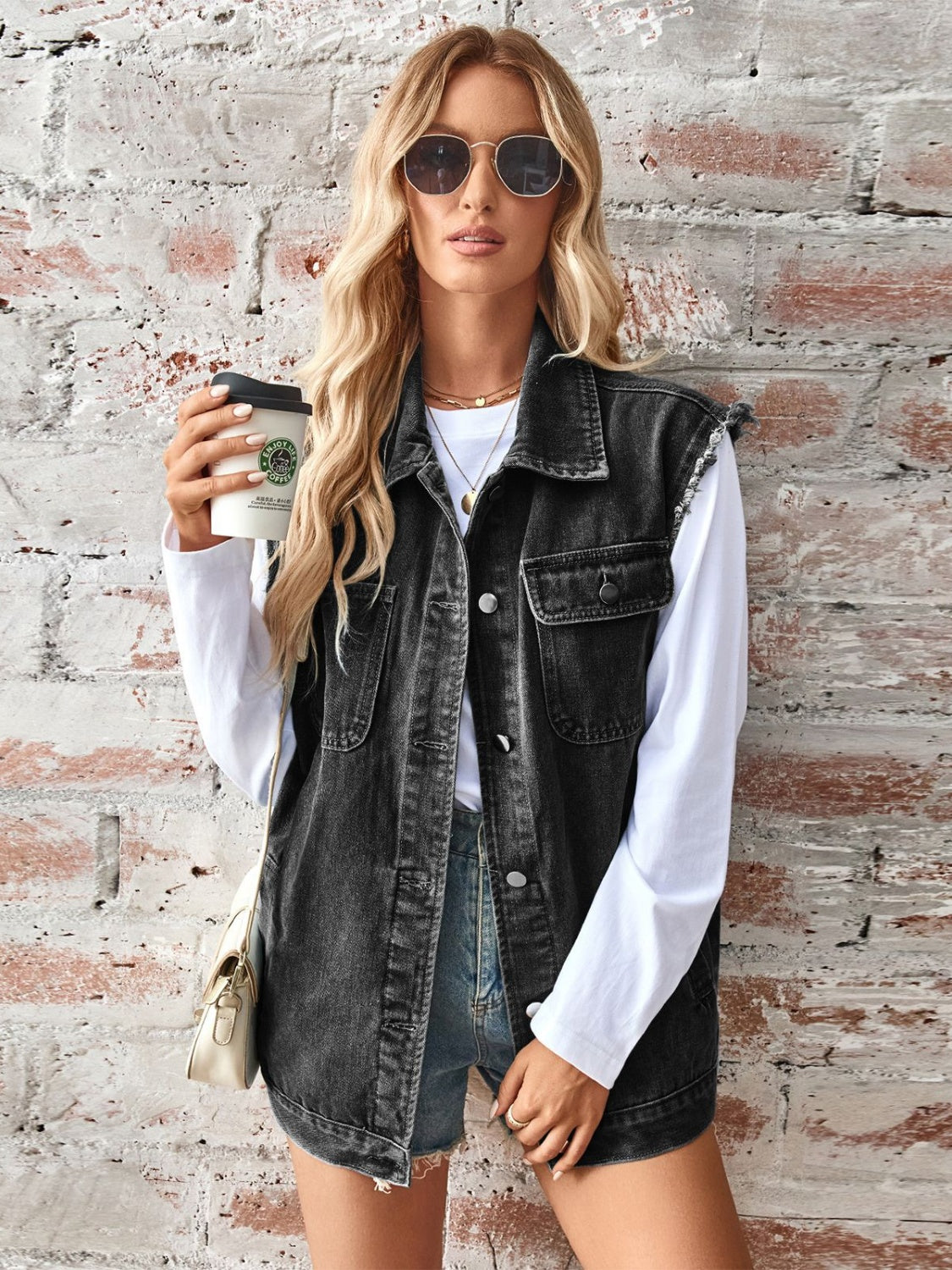 Honeybee Mumford's Raw Hem Sleeveless Button Up Denim Jacket