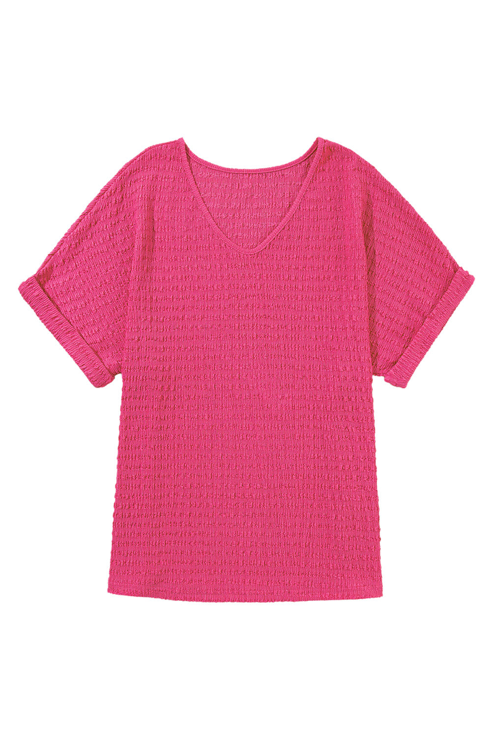 Honeybee Mumford's Bright Pink Textured Rolled Short Sleeve V Neck Blouse