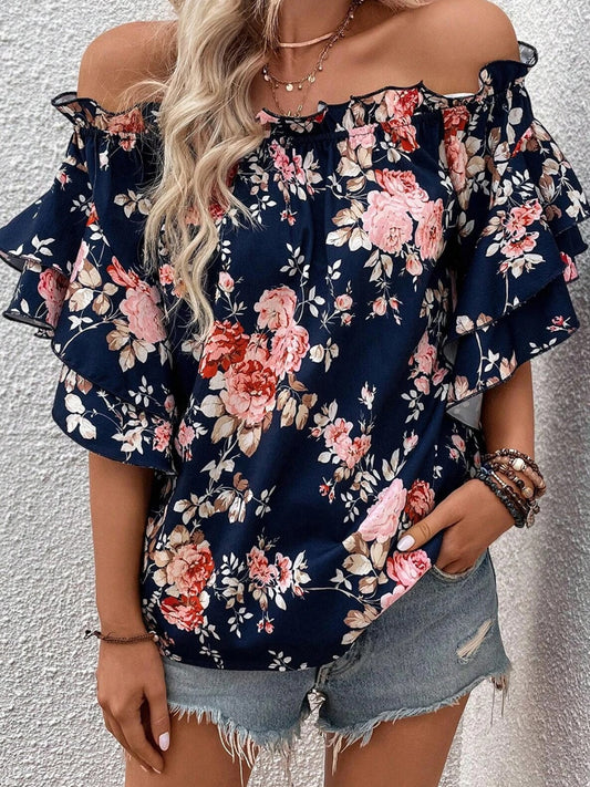 Honeybee Mumford's Printed Off-Shoulder Flounce Sleeve Blouse