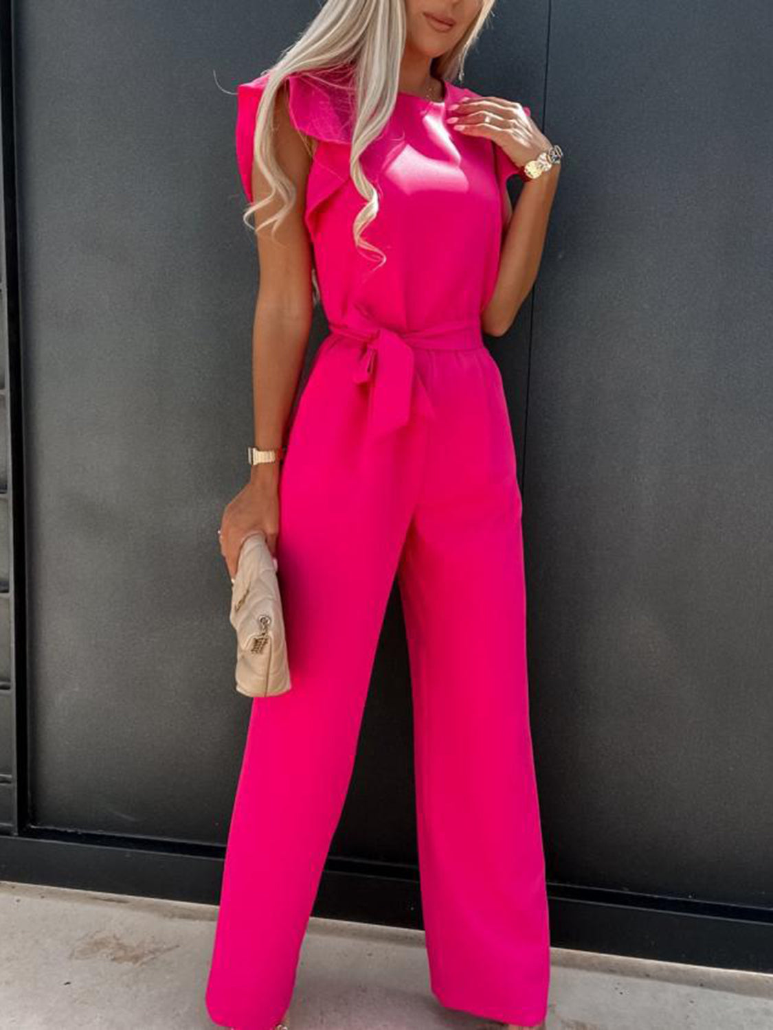 Honeybee Mumford's Ruffled Round Neck Cap Sleeve Jumpsuit