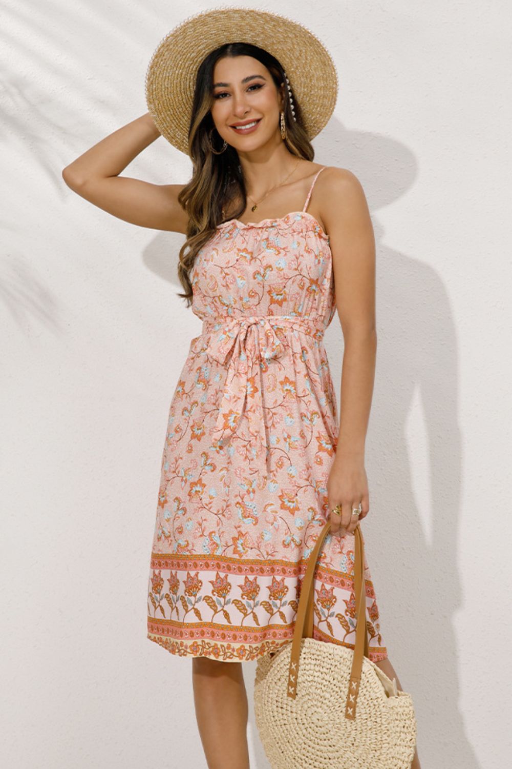 Honeybee Mumford's Bohemian Spaghetti Strap Dress w/ Belted Frill Trim in Aqua or Tangerine