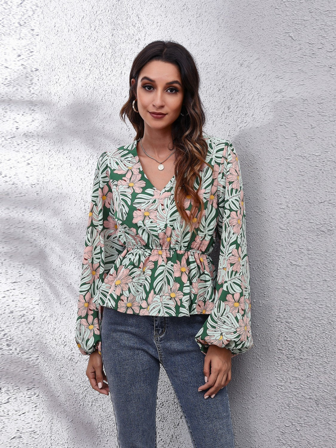 Honeybee Mumford's Floral V-Neck Balloon Sleeve Peplum Blouse