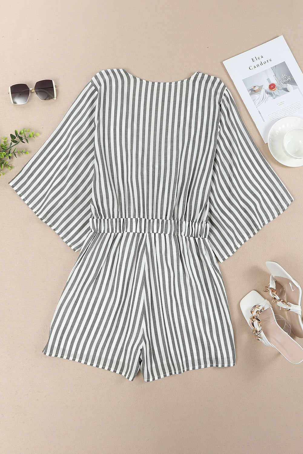 Honeybee Mumford's Gray 3/4 Wide Kimono Sleeves Tie Front Striped Romper with Pockets