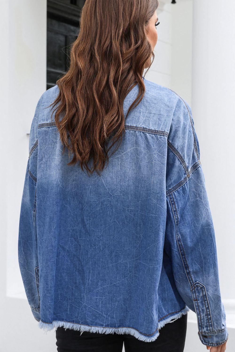 Honeybee Mumford's Raw Hem Pocketed Collared Neck Denim Jacket