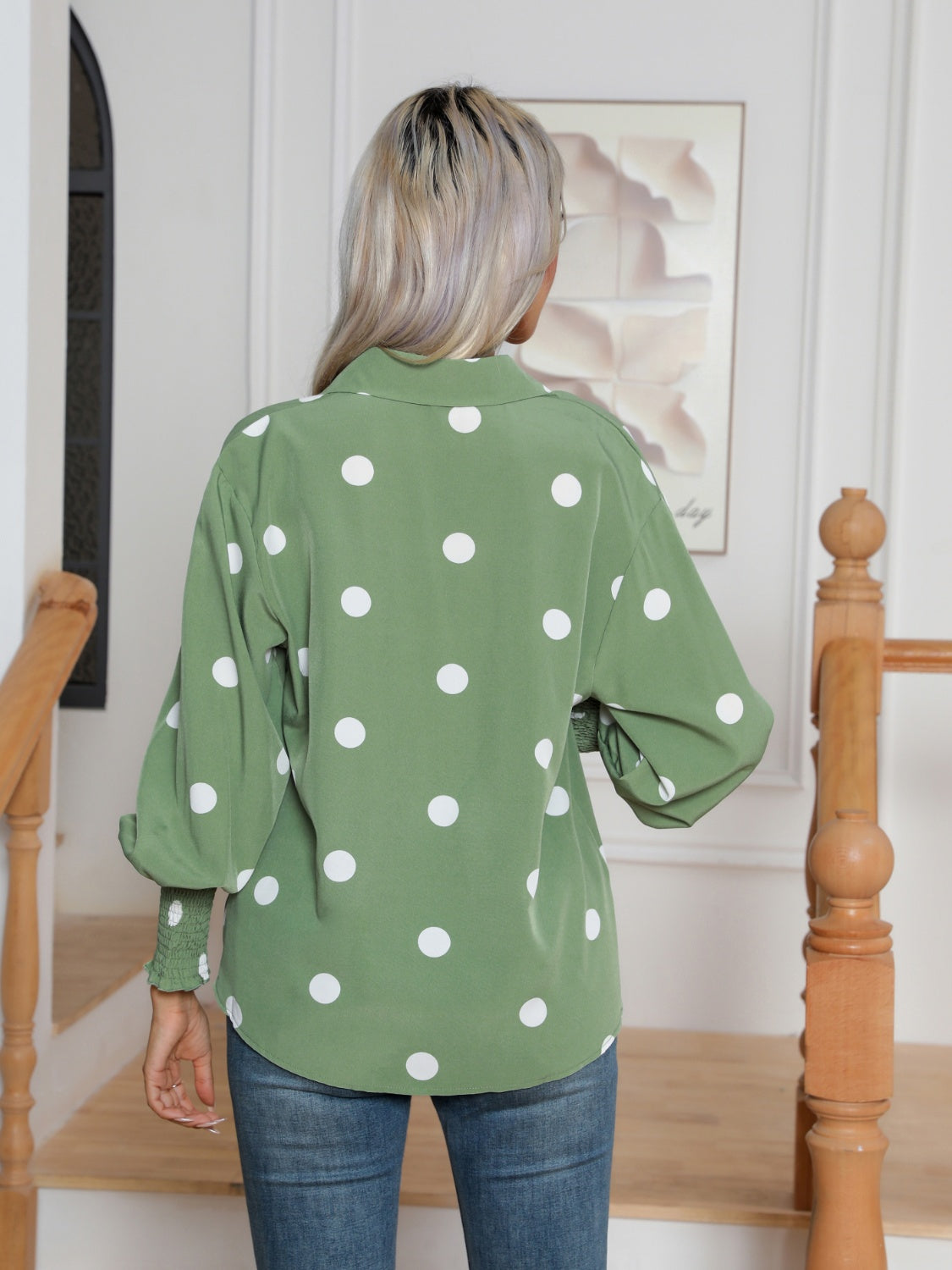 Honeybee Mumford's Polka Dot Collared Neck Buttoned Lantern Sleeve Shirt