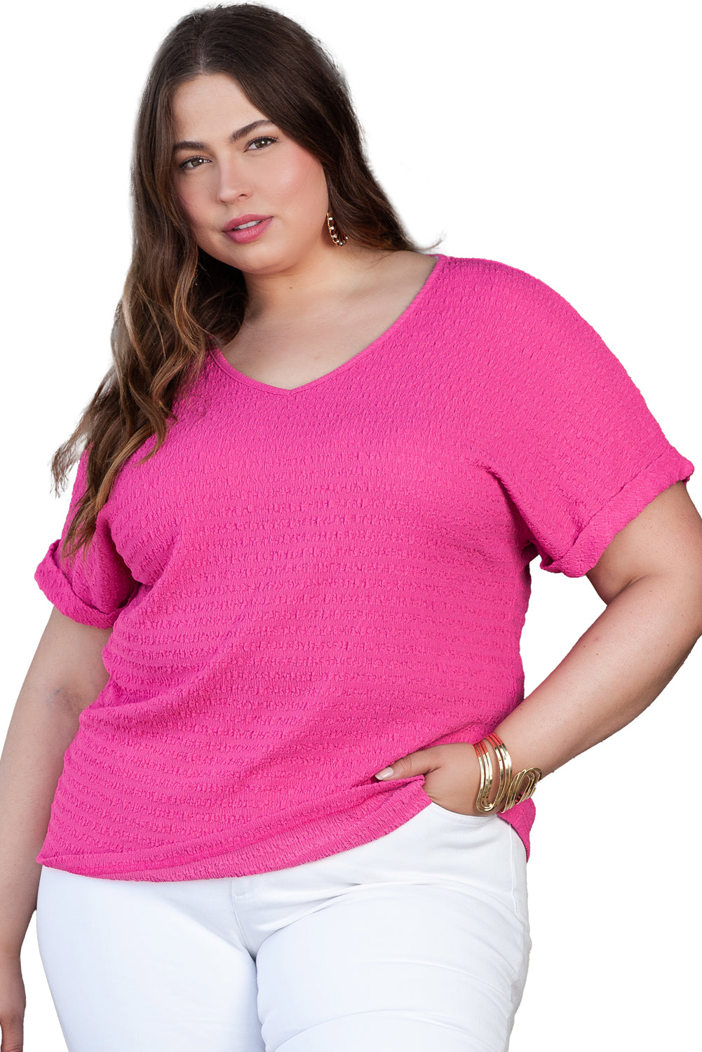 Honeybee Mumford's Bright Pink Plus Size Textured Folded Sleeve V Neck T Shirt