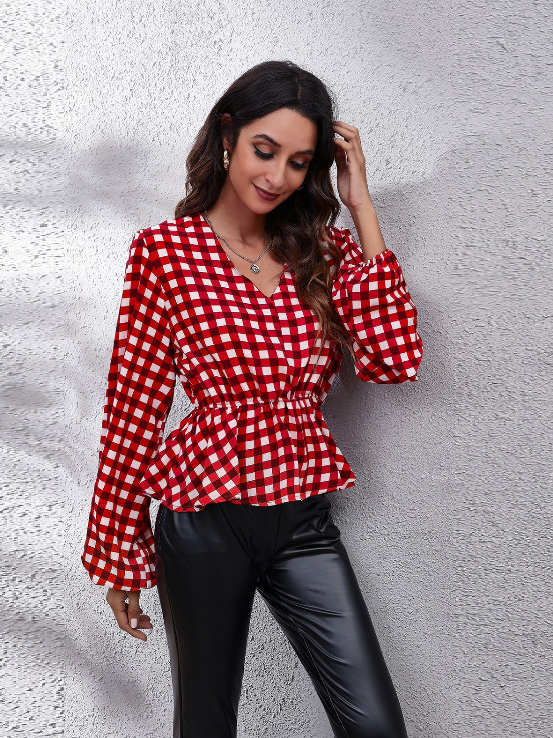 Honeybee Mumford's Plaid V-Neck Balloon Sleeve Peplum Blouse