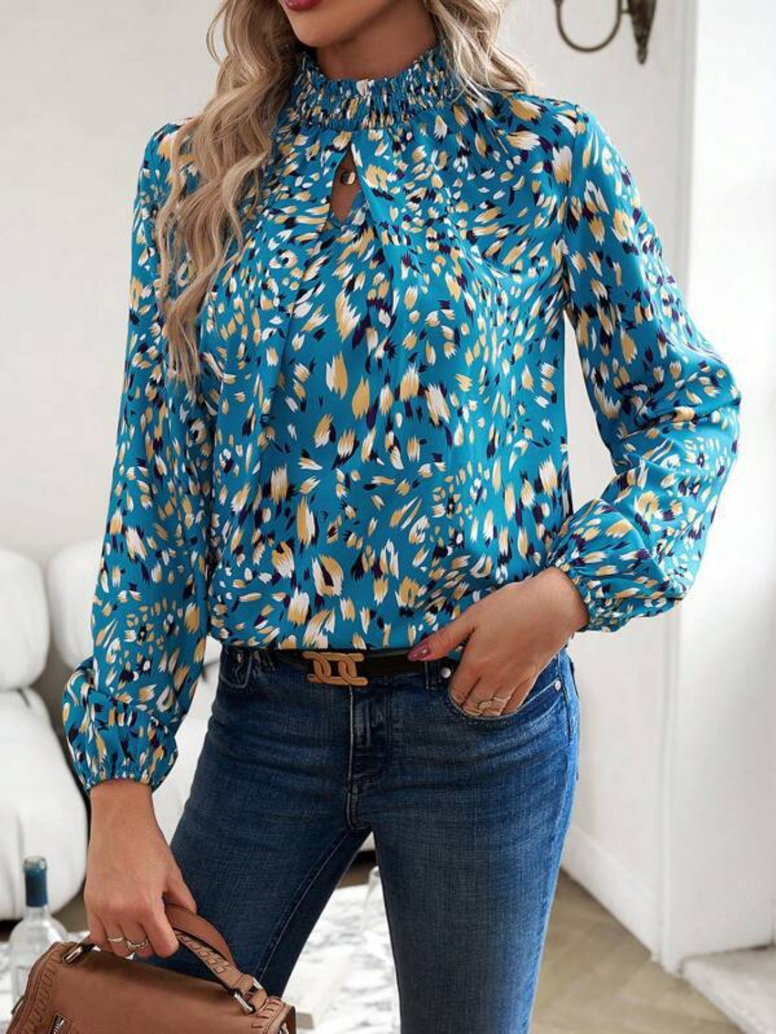 Honeybee Mumford's Cutout Printed Mock Neck Balloon Sleeve Blouse