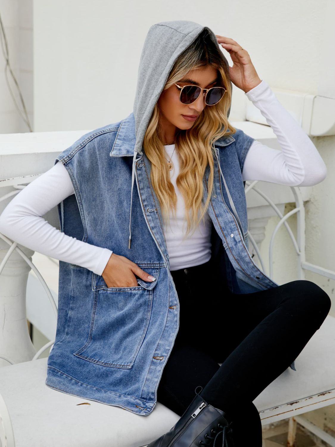 Honeybee Mumford's Hooded Sleeveless Denim Top with Pockets