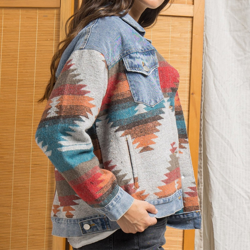 Honeybee Mumford's Printed Button Down Denim Shacket