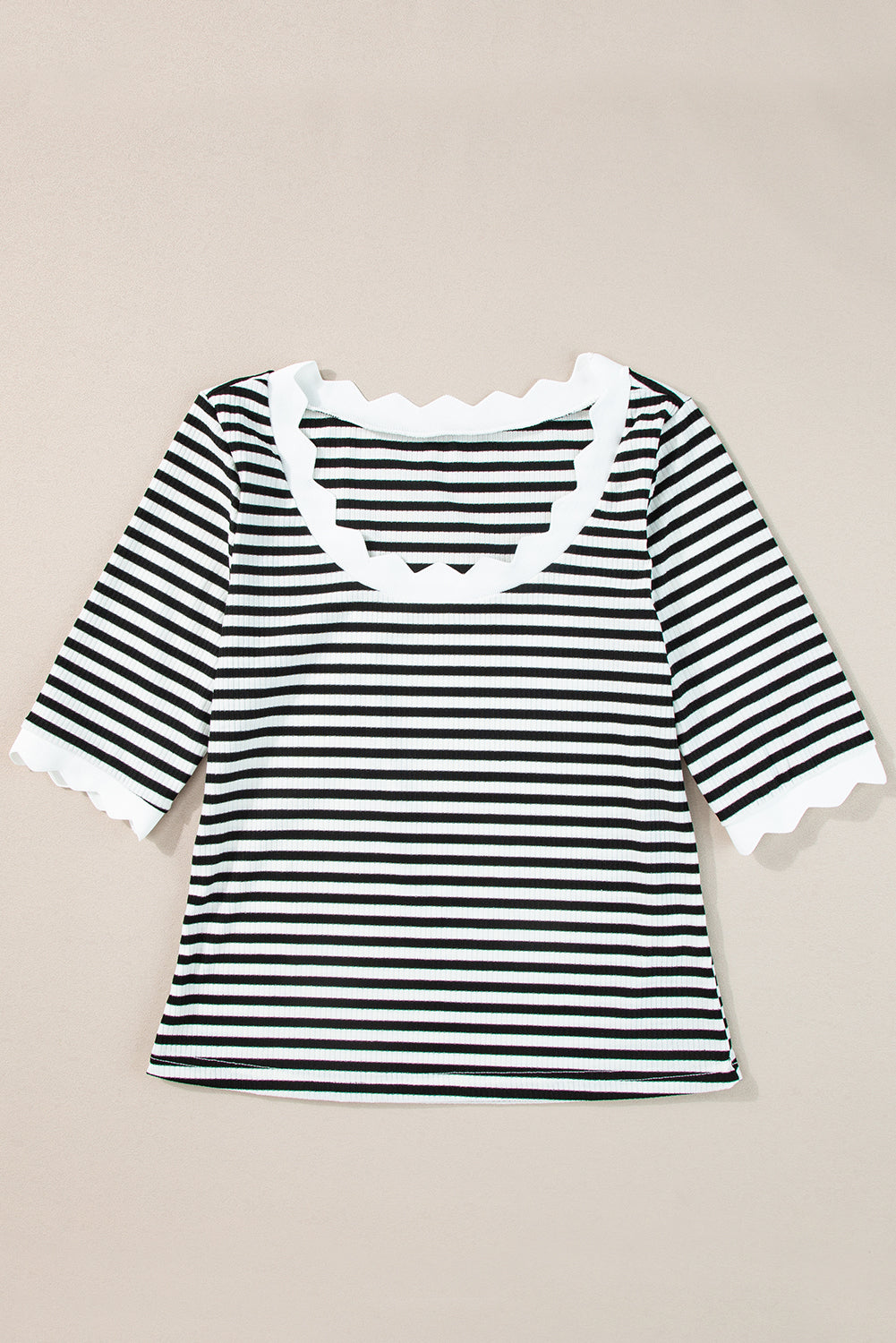 Honeybee Mumford's Black Striped Contrast Scallop Trim Half Sleeve T-shirt