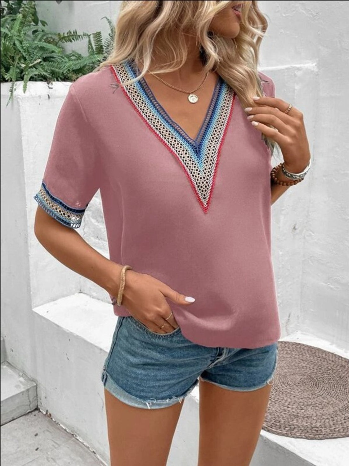 Honeybee Mumford's V-Neck Short Sleeve Blouse