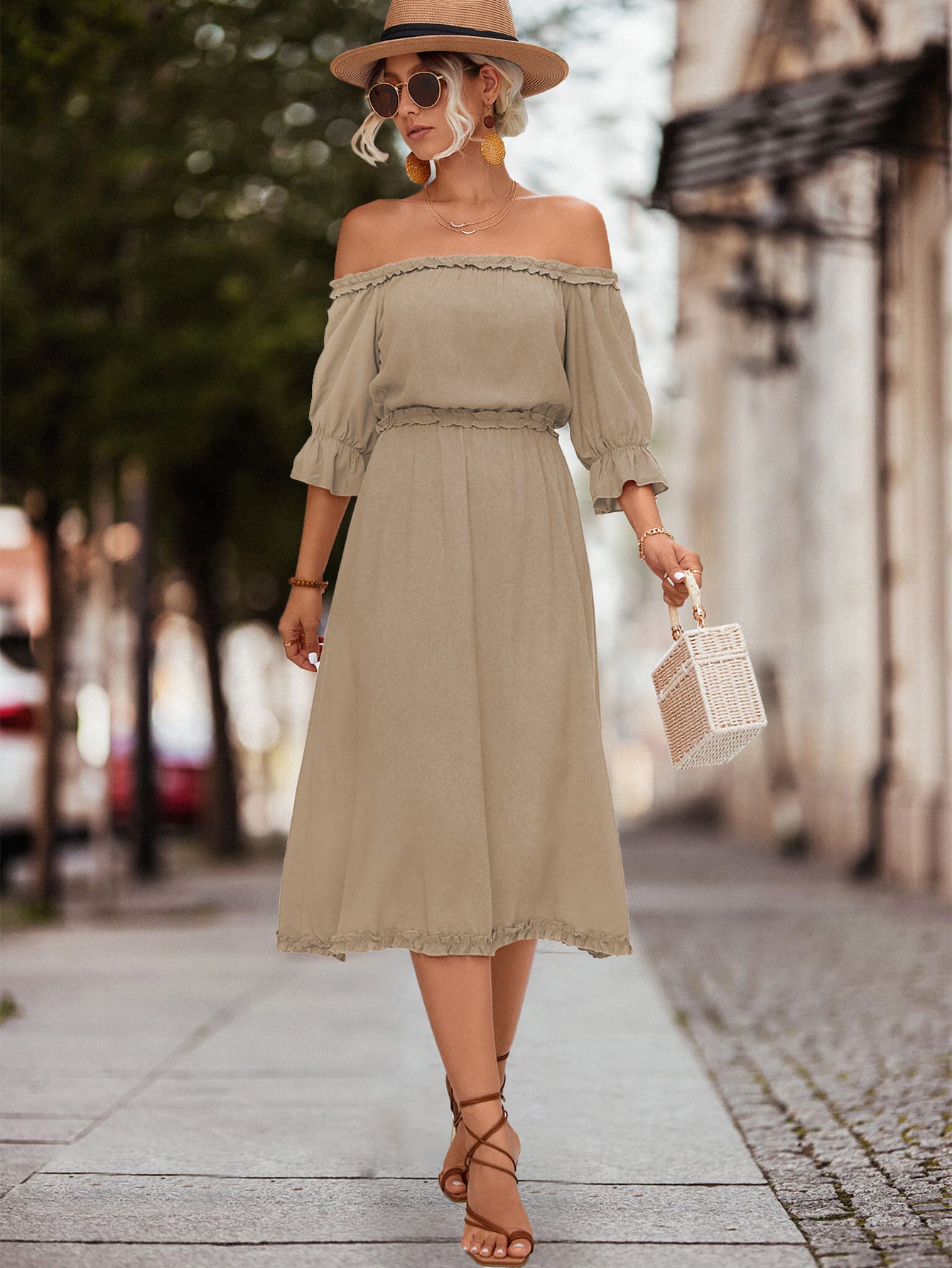 Honeybee Mumford's Frilled Off-Shoulder Flounce Sleeve Dress