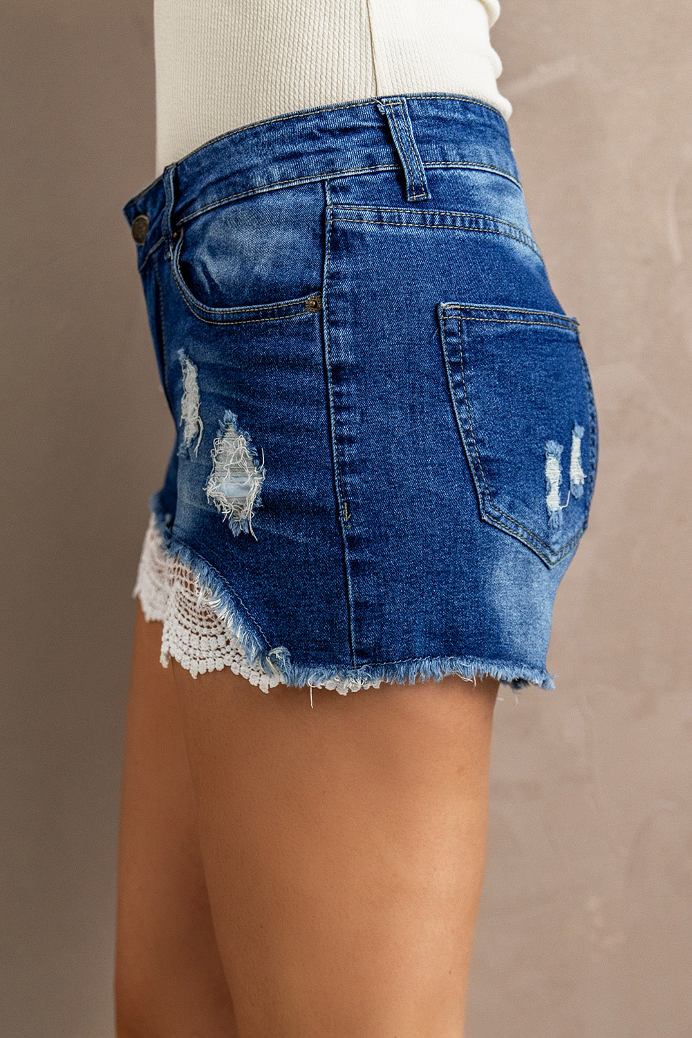 Honeybee Mumford's Spliced Lace Distressed Denim Shorts