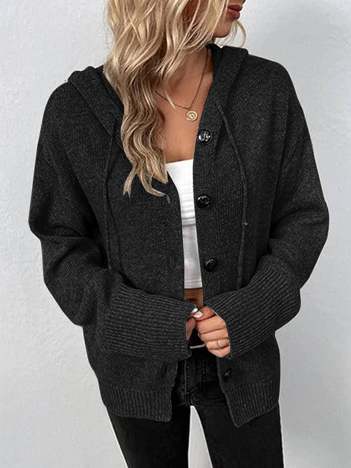 Honeybee Mumford's Button Up Drawstring Long Sleeve Hooded Cardigan