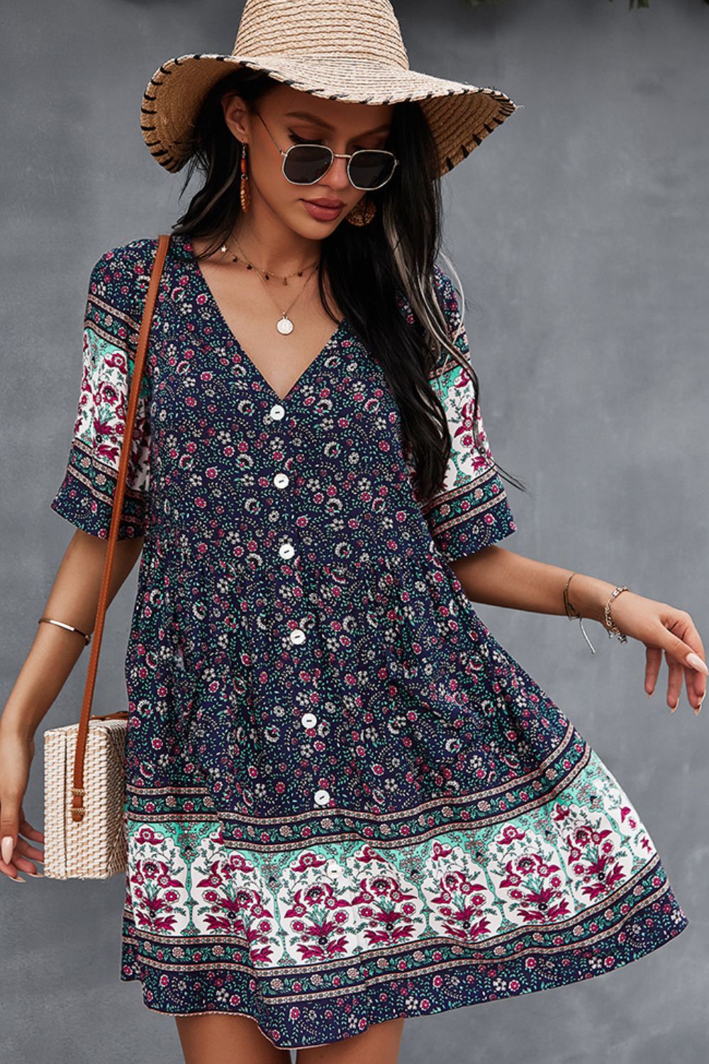 Honeybee Mumford's Bohemian Floral V-Neck Half Sleeve Dress