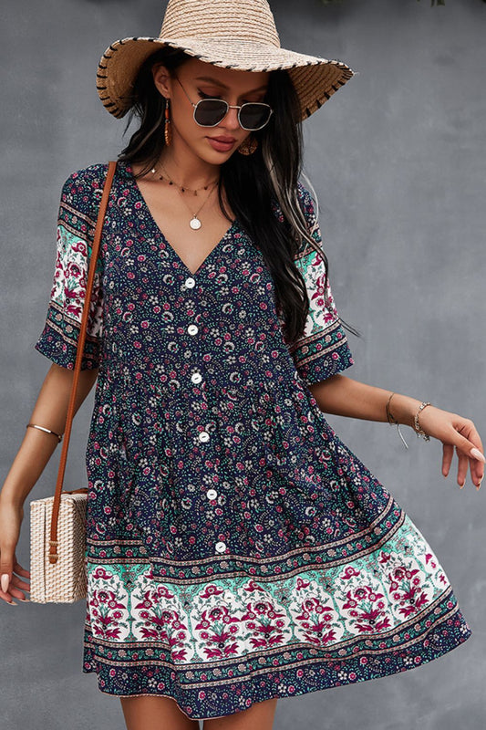 Honeybee Mumford's Bohemian Floral V-Neck Half Sleeve Dress