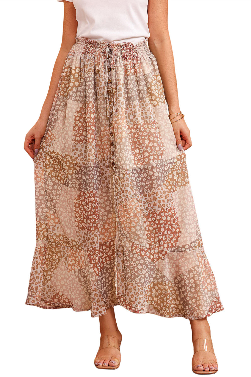 Honeybee Mumford's Apricot Boho Flower Print Smocked Waist Button Slit Maxi Skirt