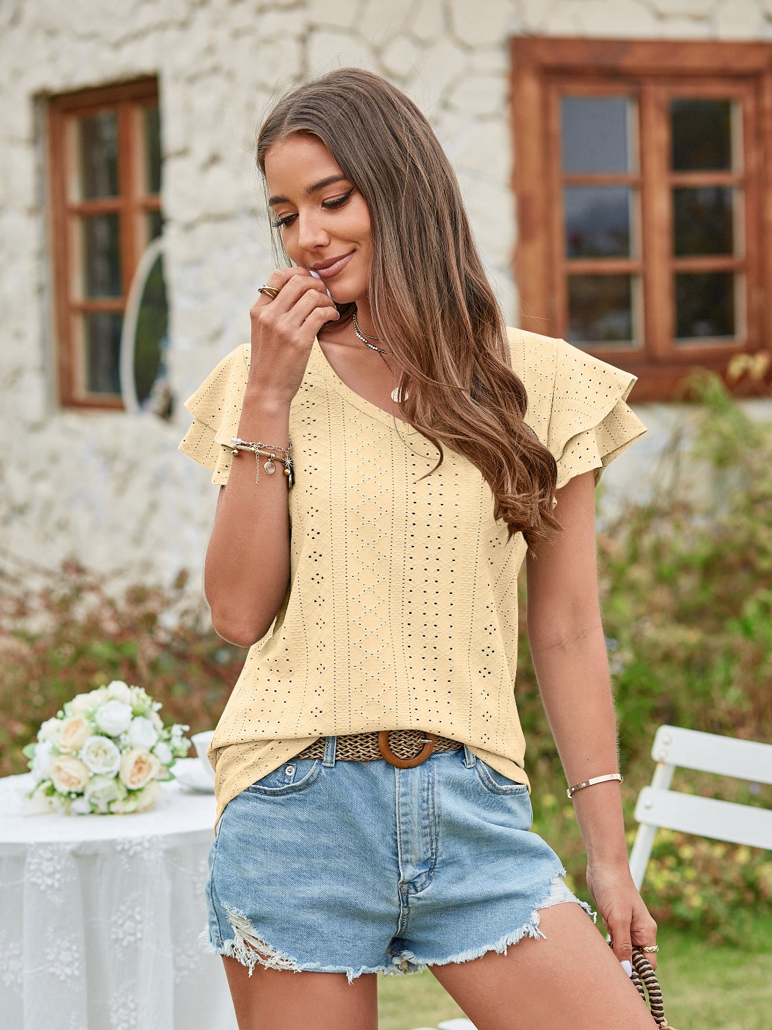 Honeybee Mumford's Eyelet V-Neck Short Sleeve Blouse