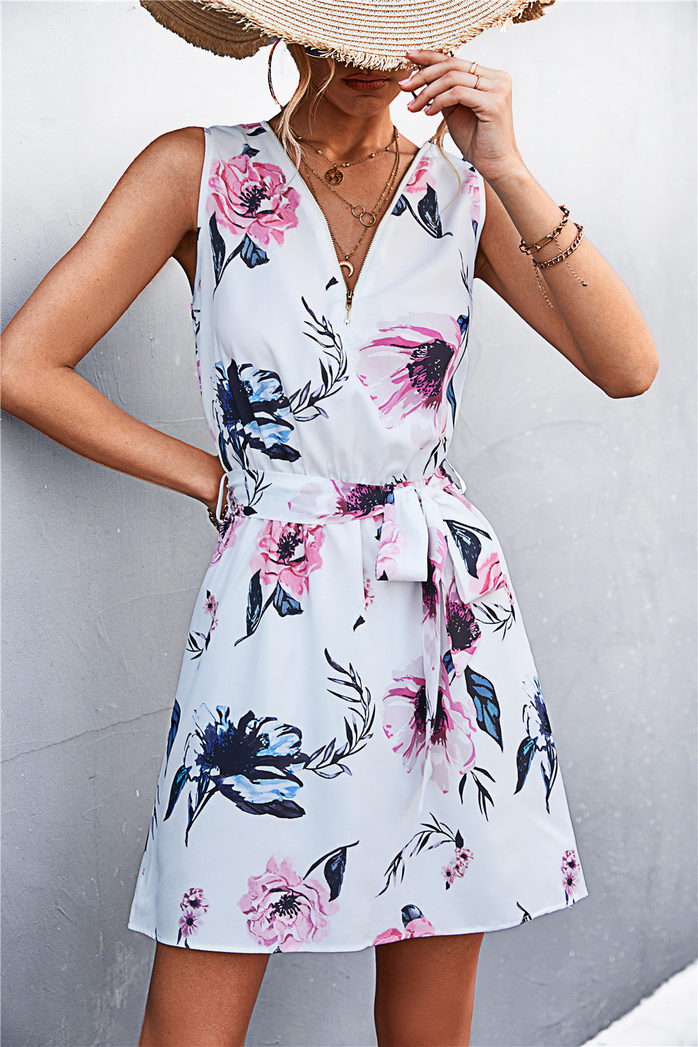 Honeybee Mumford's Printed Zip Detail Belted Sleeveless Dress