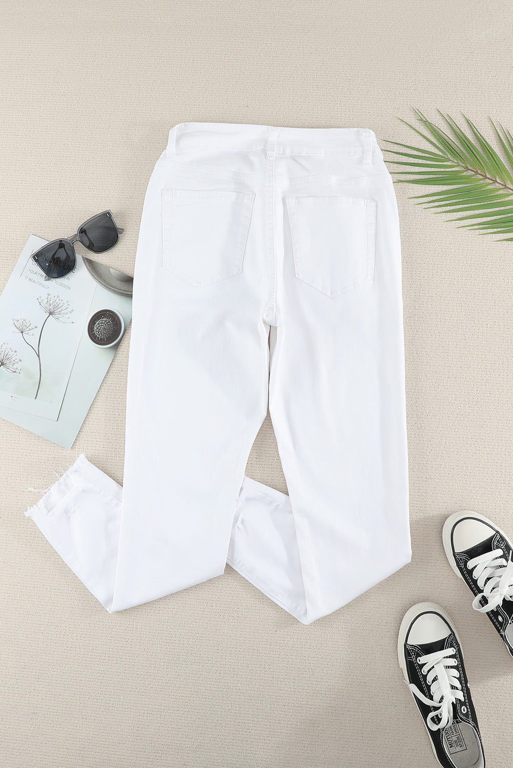 Honeybee Mumford's White Plain High Waist Buttons Frayed Cropped Denim Jeans