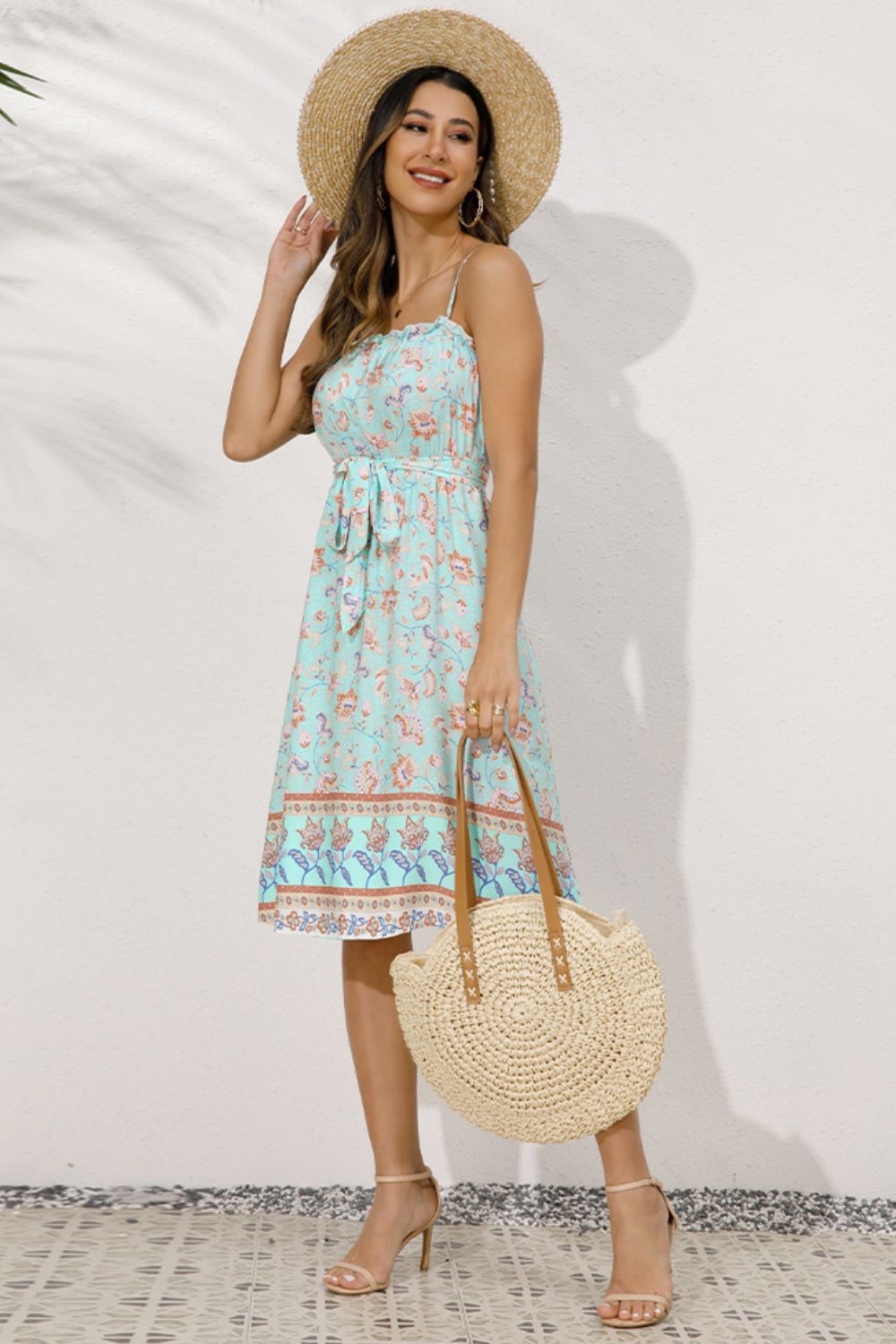 Honeybee Mumford's Bohemian Spaghetti Strap Dress w/ Belted Frill Trim in Aqua or Tangerine