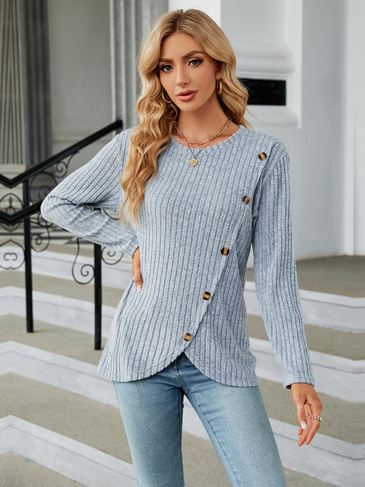 Honeybee Mumford's Round Neck Ribbed Button Detail Blouse