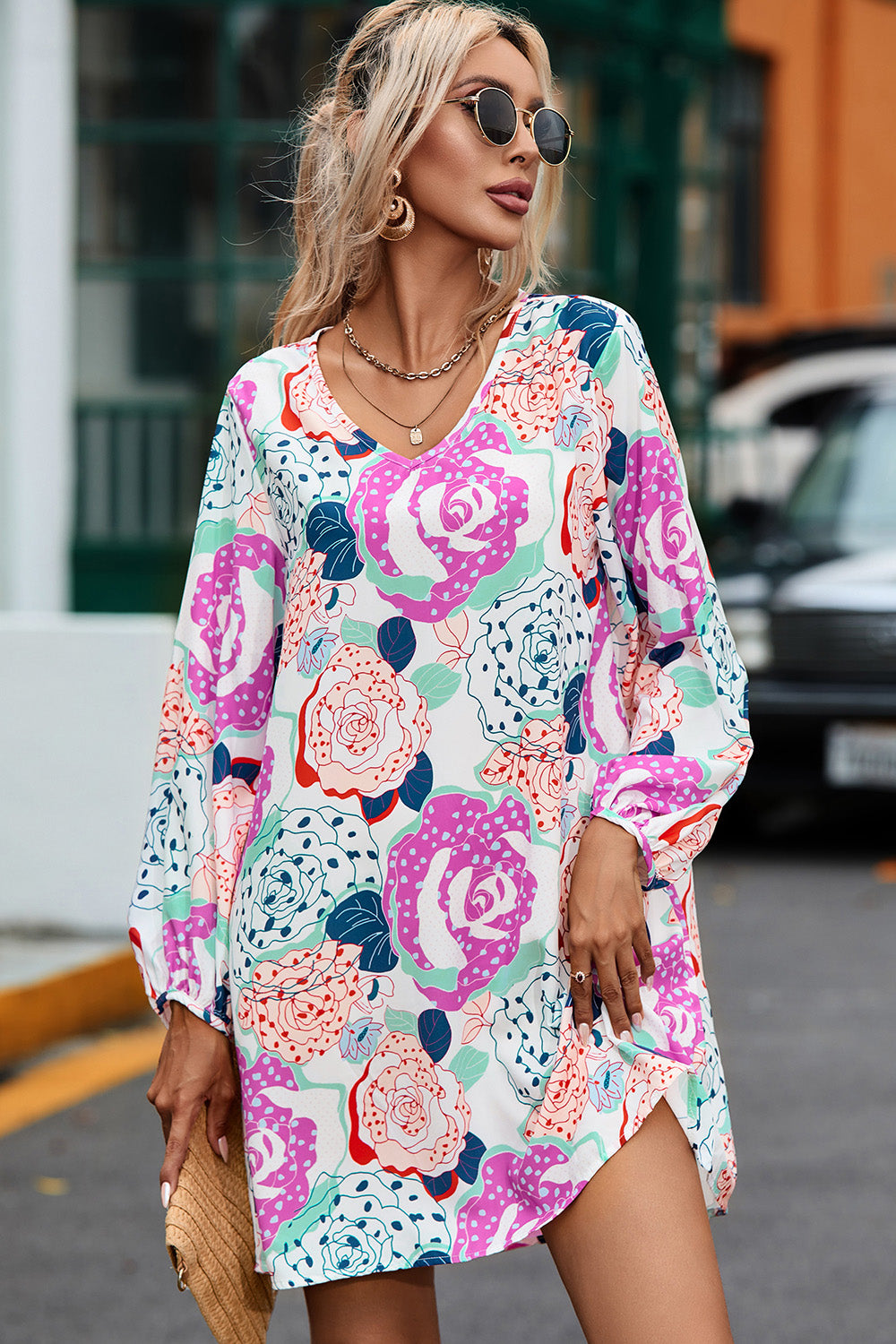 Honeybee Mumford's Floral V-Neck Long Sleeve Dress