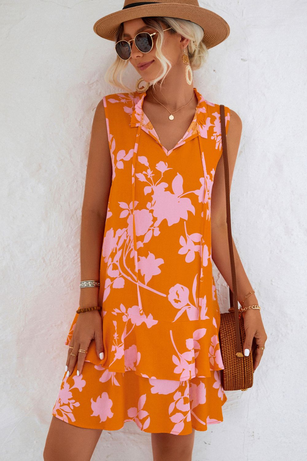 Honeybee Mumford's Floral Tie Neck Sleeveless Layered Dress