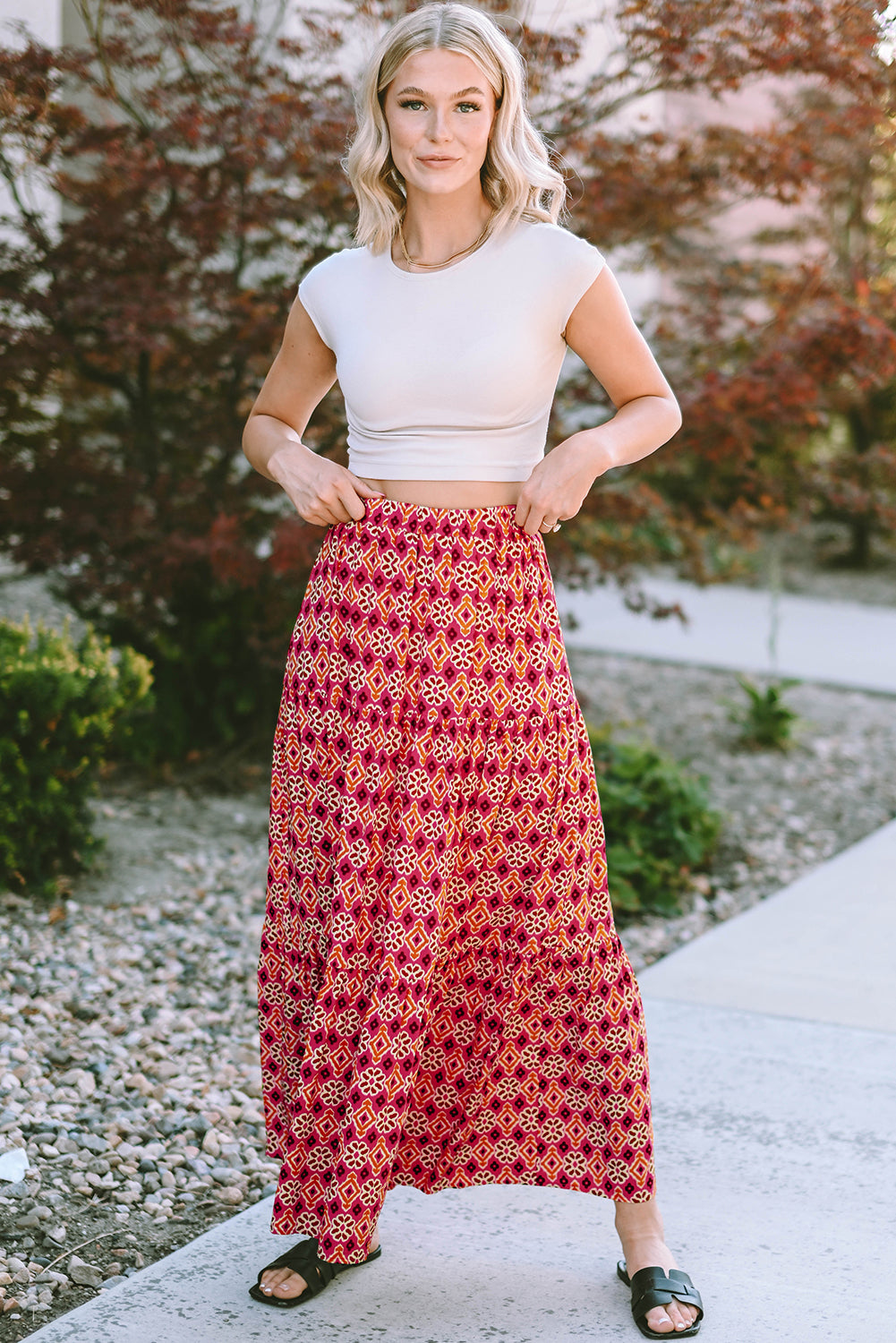 Honeybee Mumford's Rose Vintage Boho Floral Print Tiered Maxi Skirt