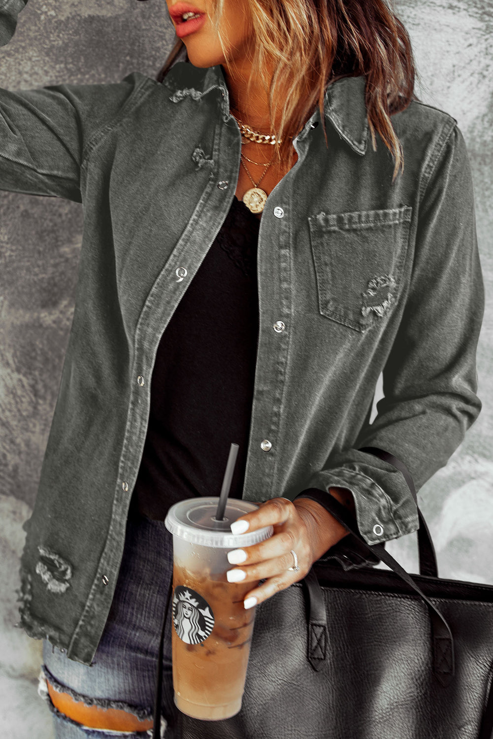 Honeybee Mumford's Distressed Raw Hem Snap Down Denim Jacket