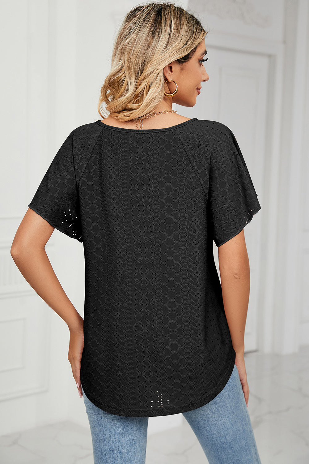 Honeybee Mumford's Eyelet Tie Neck Flutter Sleeve Blouse