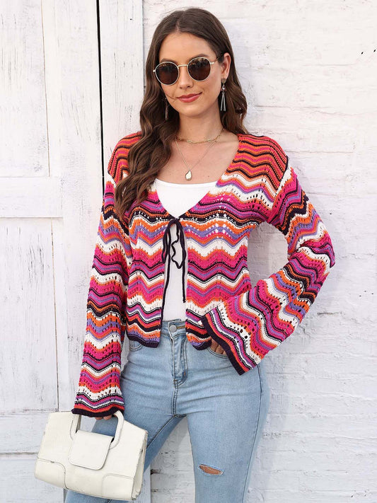 Honeybee Mumford's Striped Openwork Tied Cardigan