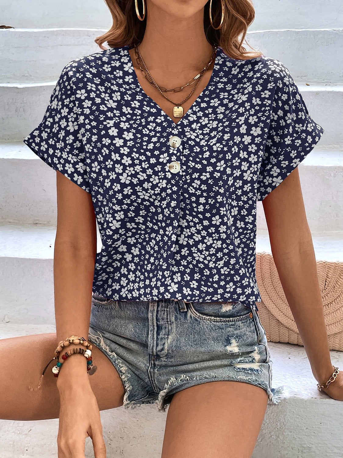 Honeybee Mumford's Printed V-Neck Short Sleeve Blouse