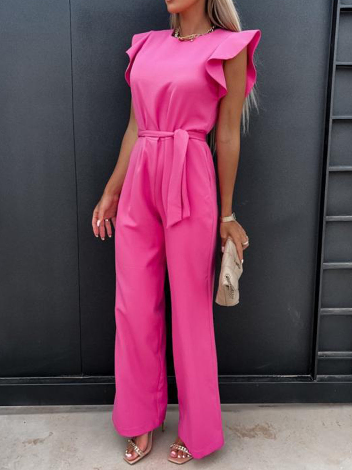 Honeybee Mumford's Ruffled Round Neck Cap Sleeve Jumpsuit